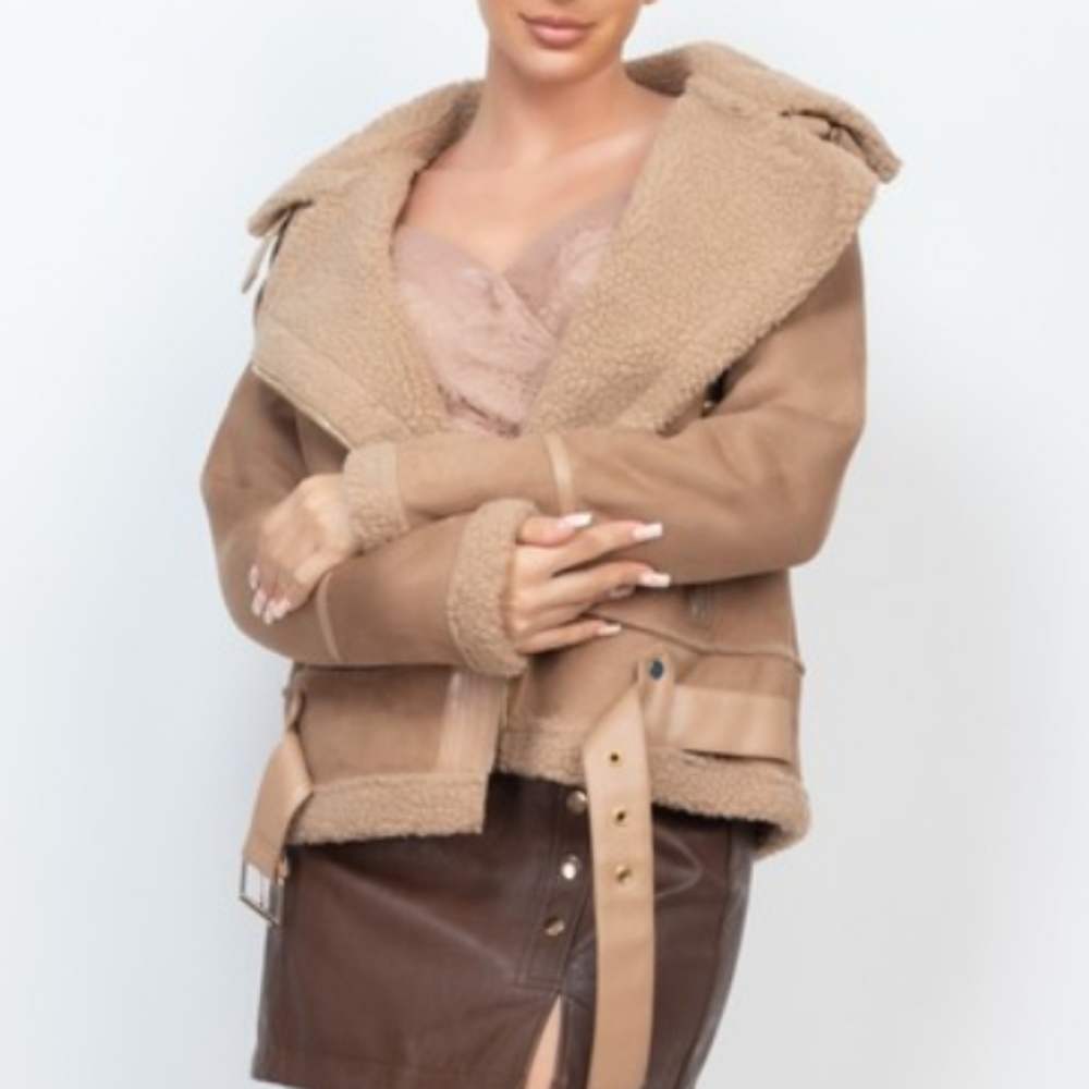 Shearling Moto Style Coat- Taupe
